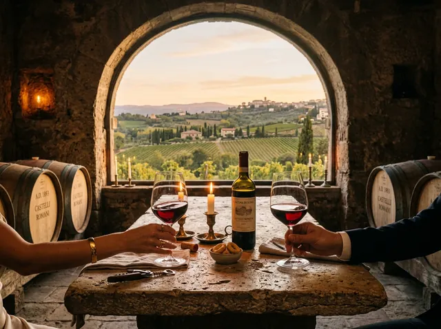Calici di vino rosso su un tavolo di pietra in una cantina dei Castelli Romani